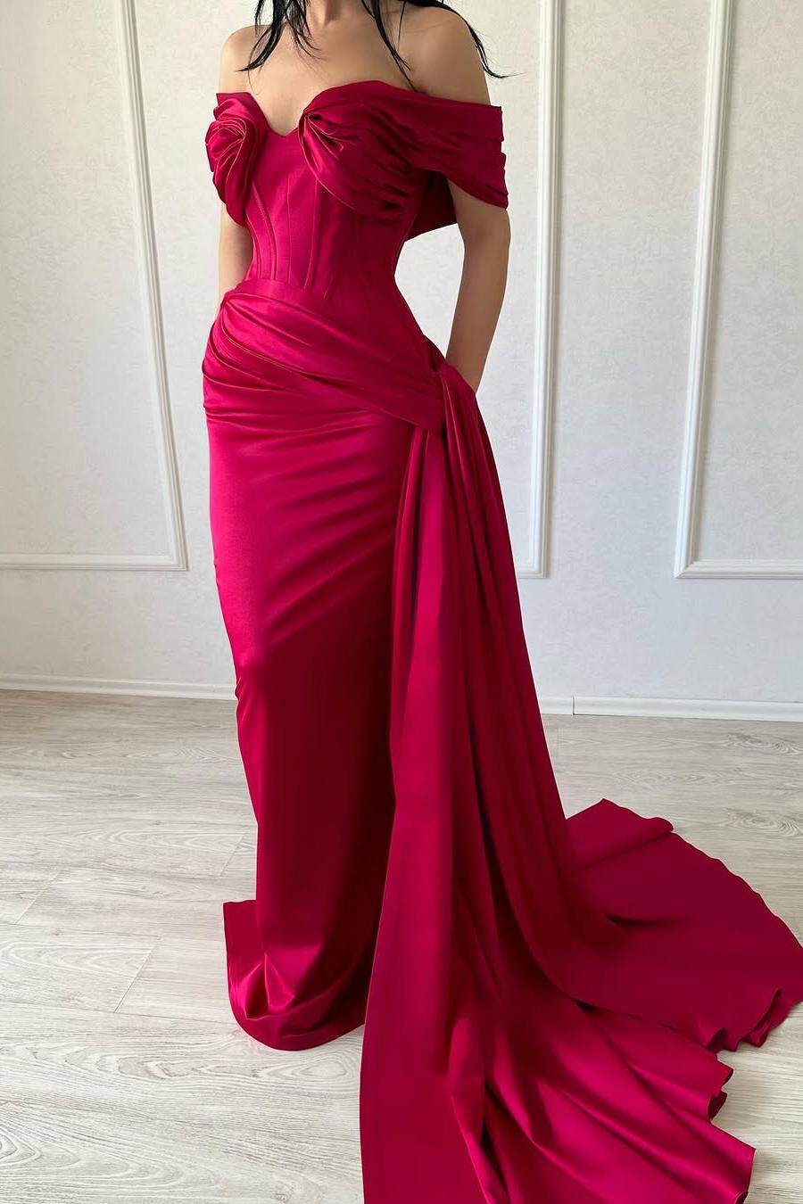 Off the Shoulder Strapless Mermaid Long Pleated Prom Dress