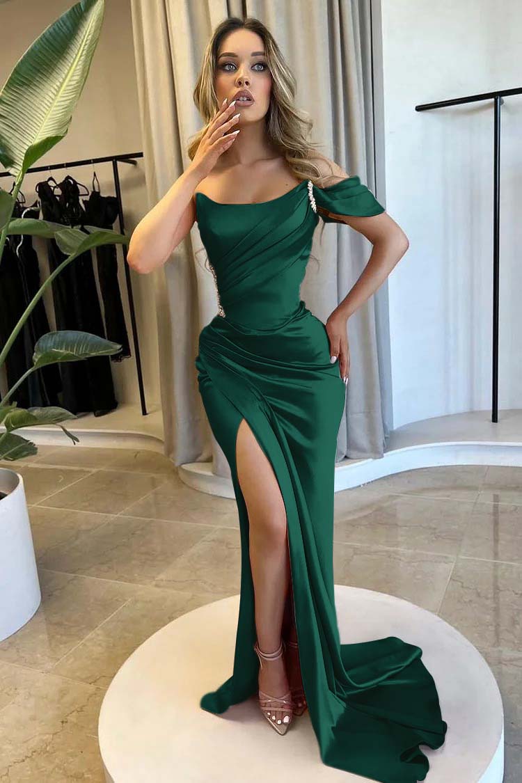 One Shoulder Strapless Mermaid Long Prom Dress with Beading and Split