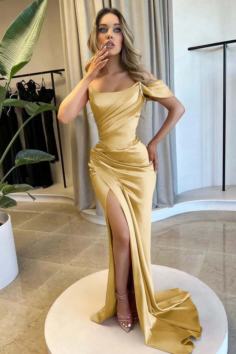 One Shoulder Strapless Mermaid Long Prom Dress with Beading and Split