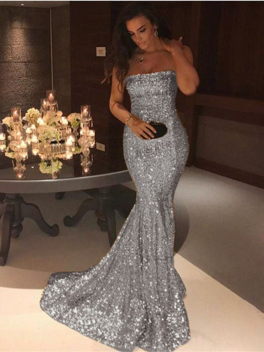 Strapless Mermaid Long Prom Dress with Sequins and Pleated