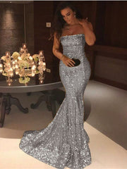 Strapless Mermaid Long Prom Dress with Sequins and Pleated