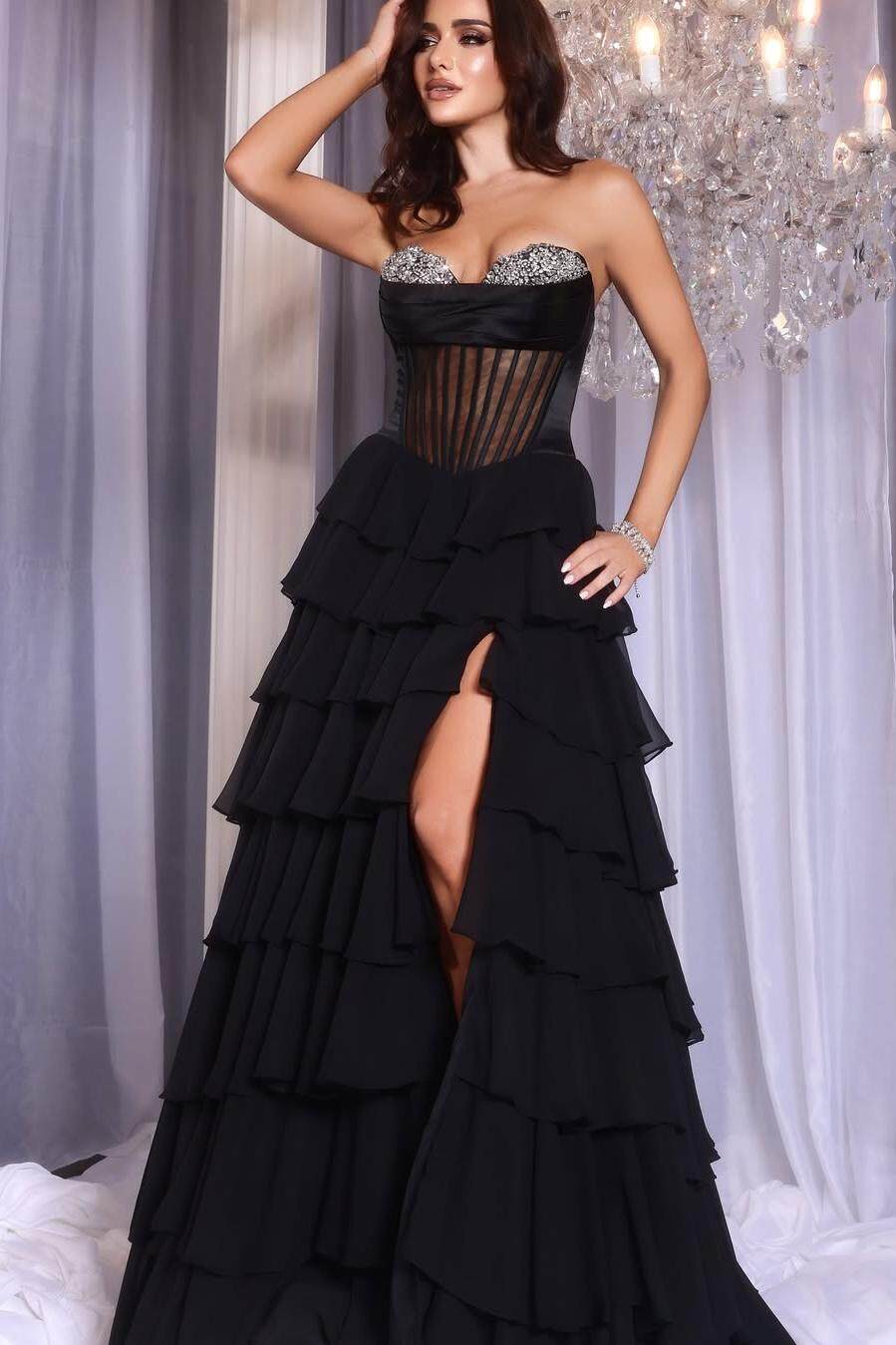 Strapless A-Line Long Prom Dress with Split and Ruffles