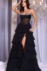 Strapless A-Line Long Prom Dress with Split and Ruffles