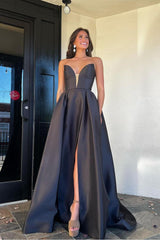 Simple Strapless Floor Length Long Prom Dress with Split
