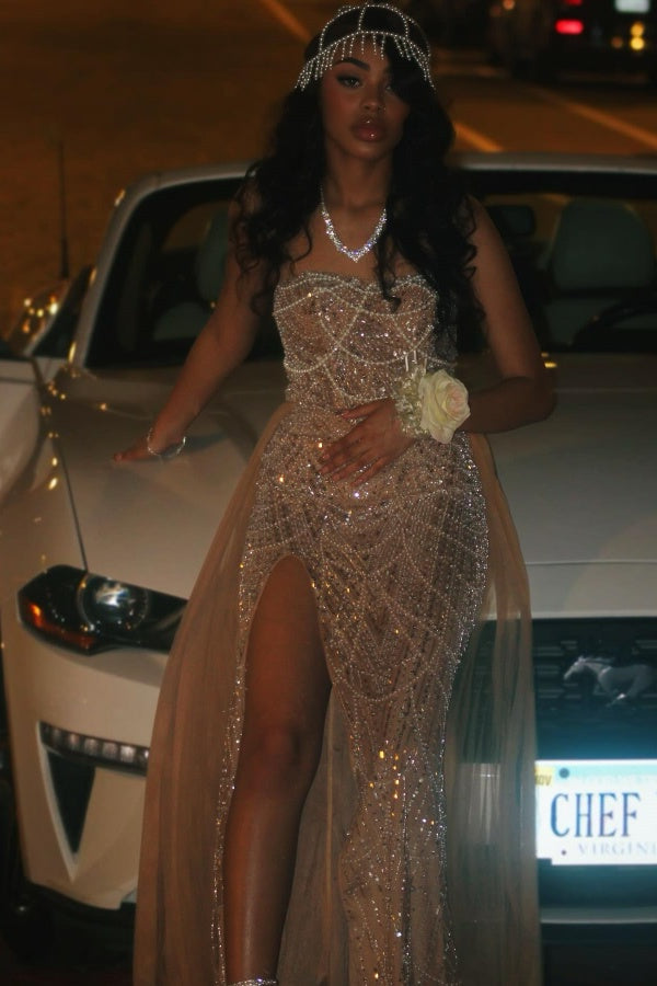 Strapless Sleeveless Sequined Long Mermaid Formal Prom Dresses with Slit