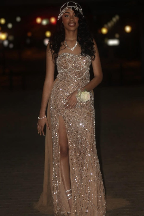 Strapless Sleeveless Sequined Long Mermaid Formal Prom Dresses with Slit