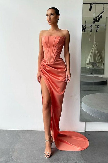 Simple Strapless Long Pleated Prom Dress with Split
