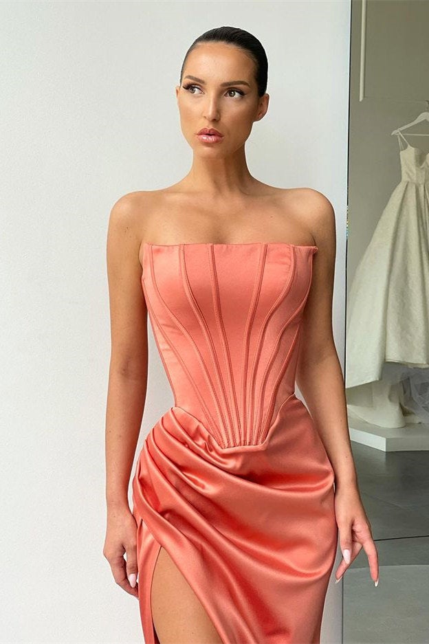 Simple Strapless Long Pleated Prom Dress with Split