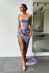 Simple Strapless Long Pleated Prom Dress with Split