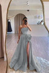 Strapless Sleeveless Long A Line Prom Dress With Split Pleated