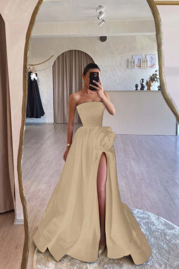 Strapless Sleeveless Long A Line Prom Dress With Split Pleated