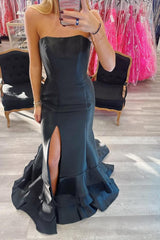 Strapless Long Prom Dress with Split and Ruffles