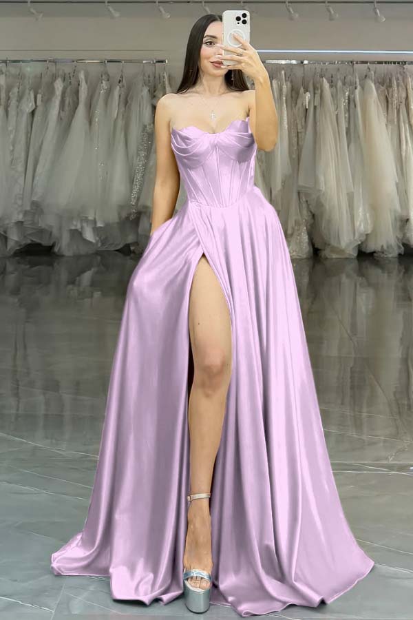 Strapless Long Prom Dress with Split Pleated