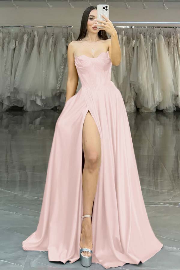 Strapless Long Prom Dress with Split Pleated