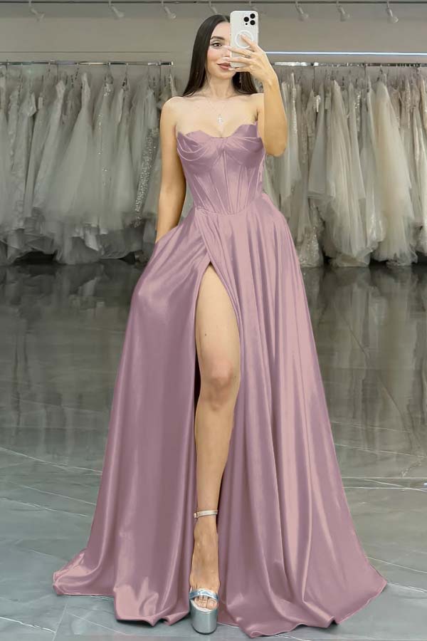 Strapless Long Prom Dress with Split Pleated
