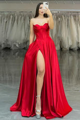 Strapless Long Prom Dress with Split Pleated