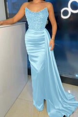 Strapless Mermaid Long Prom Dress with Beading Pleated