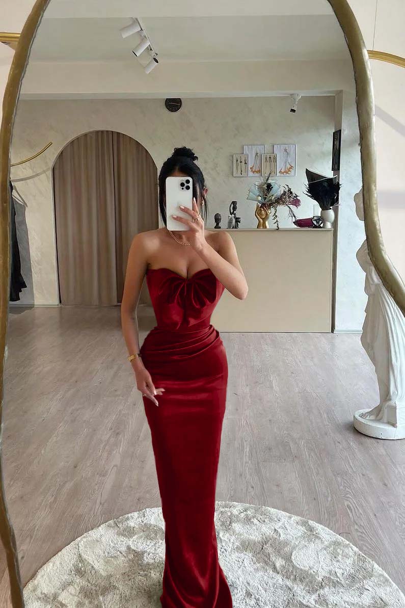 Strapless Mermaid Long Pleated Prom Dress with Bowknot
