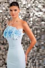 Strapless Mermaid Long Prom Dress with Flower and Pleats