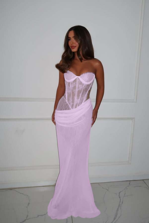 Strapless Mermaid Long Prom Dress with Lace Pleated