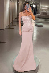 Elegant Strapless Mermaid Long Prom Dress with Pleated Sequins