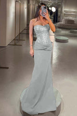 Elegant Strapless Mermaid Long Prom Dress with Pleated Sequins