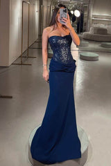 Elegant Strapless Mermaid Long Prom Dress with Pleated Sequins