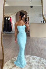 Strapless Mermaid Long Prom Dress with Sequin Pleats