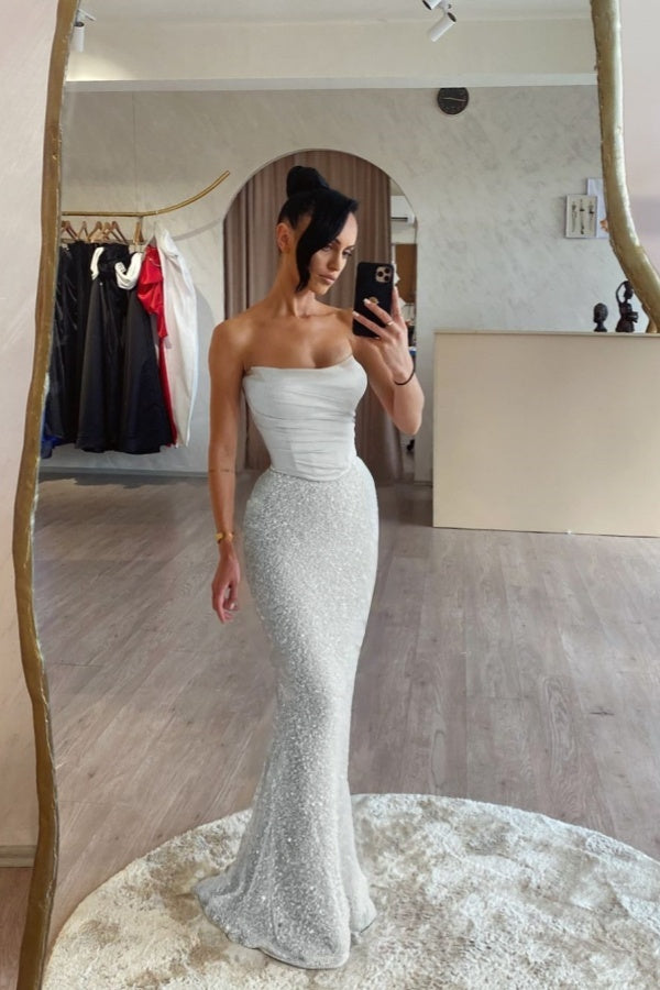 Strapless Mermaid Long Prom Dress with Sequin Pleats