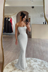 Strapless Mermaid Long Prom Dress with Sequin Pleats