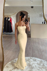 Strapless Mermaid Long Prom Dress with Sequin Pleats