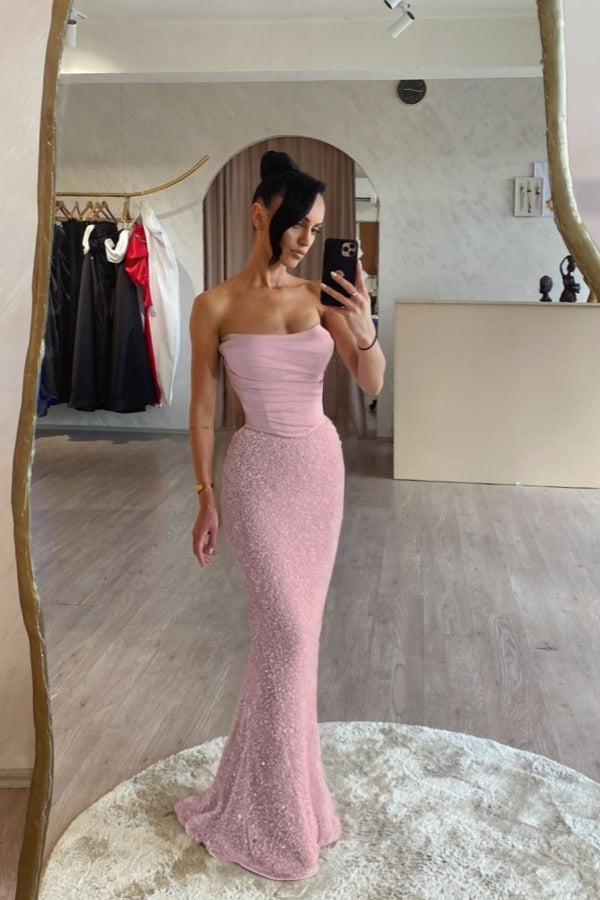 Strapless Mermaid Long Prom Dress with Sequin Pleats