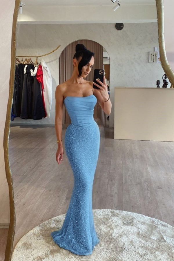 Strapless Mermaid Long Prom Dress with Sequin Pleats