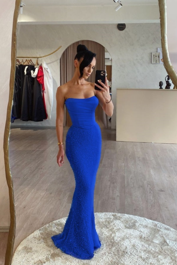 Strapless Mermaid Long Prom Dress with Sequin Pleats
