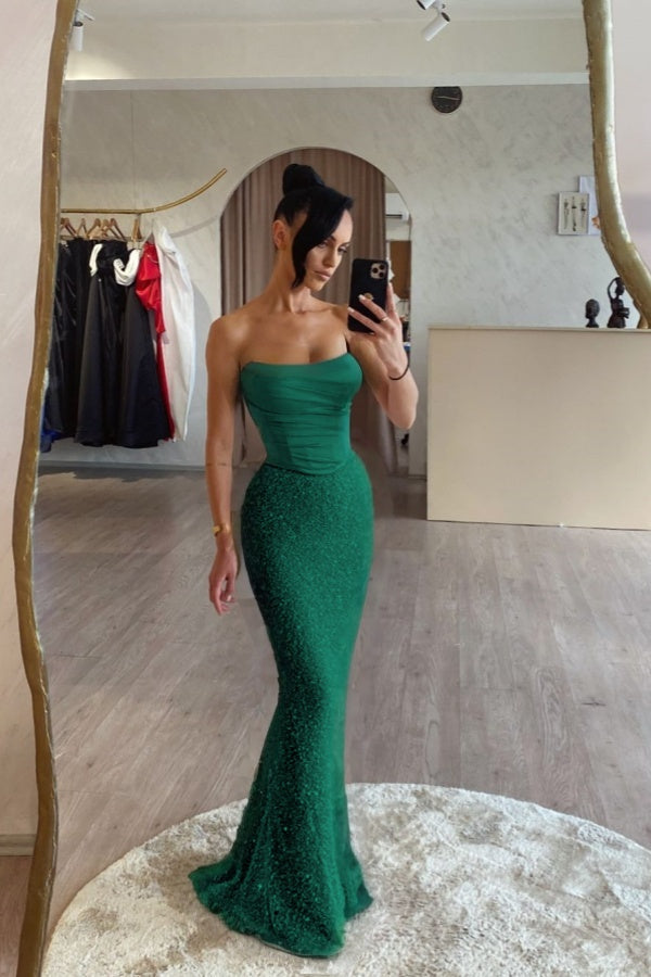 Strapless Mermaid Long Prom Dress with Sequin Pleats