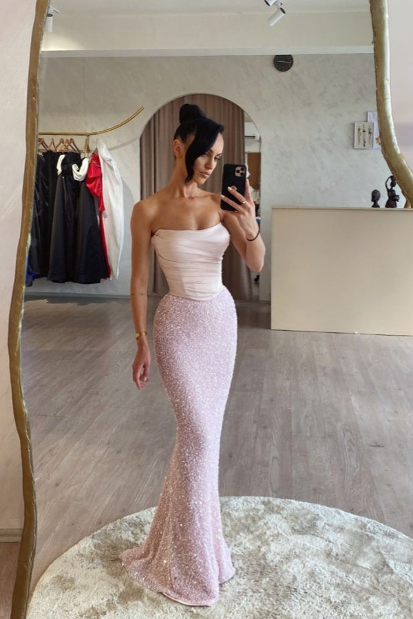 Strapless Mermaid Long Prom Dress with Sequin Pleats