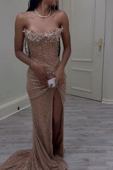 Strapless Mermaid Long Prom Dress with Sequins Split