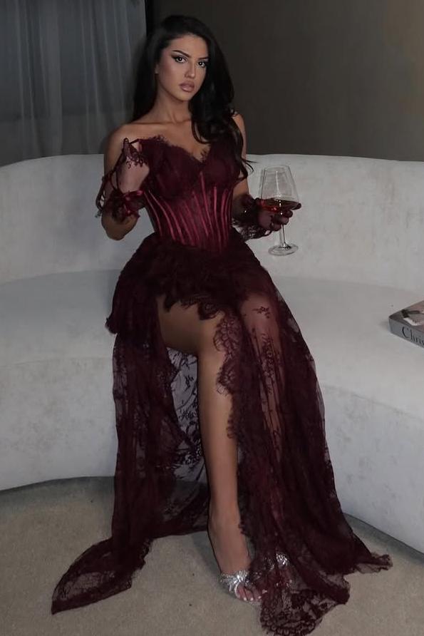 Strapless Mermaid Long Prom Dress with Split Lace