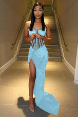 Strapless Mermaid Long Prom Dress with Split and Pleats
