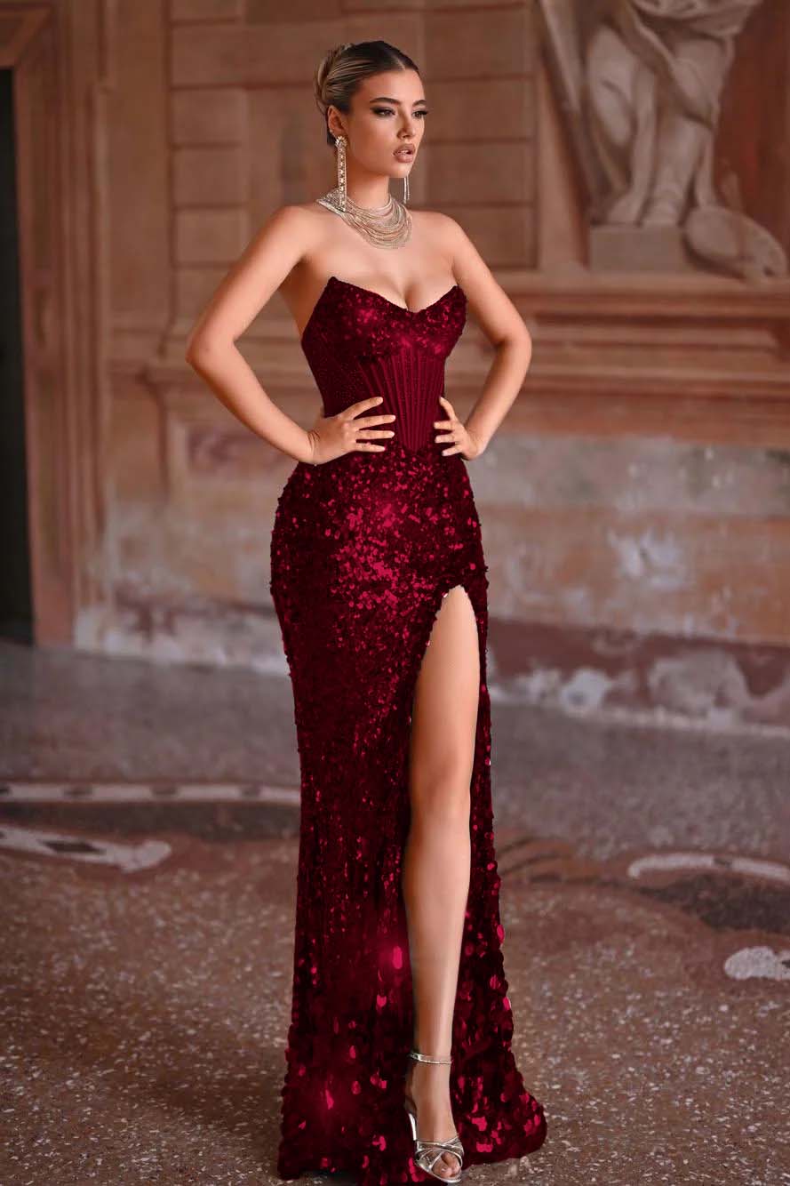Strapless Mermaid Long Prom Dress with Split and Sequins