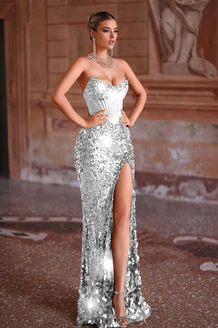 Strapless Mermaid Long Prom Dress with Split and Sequins
