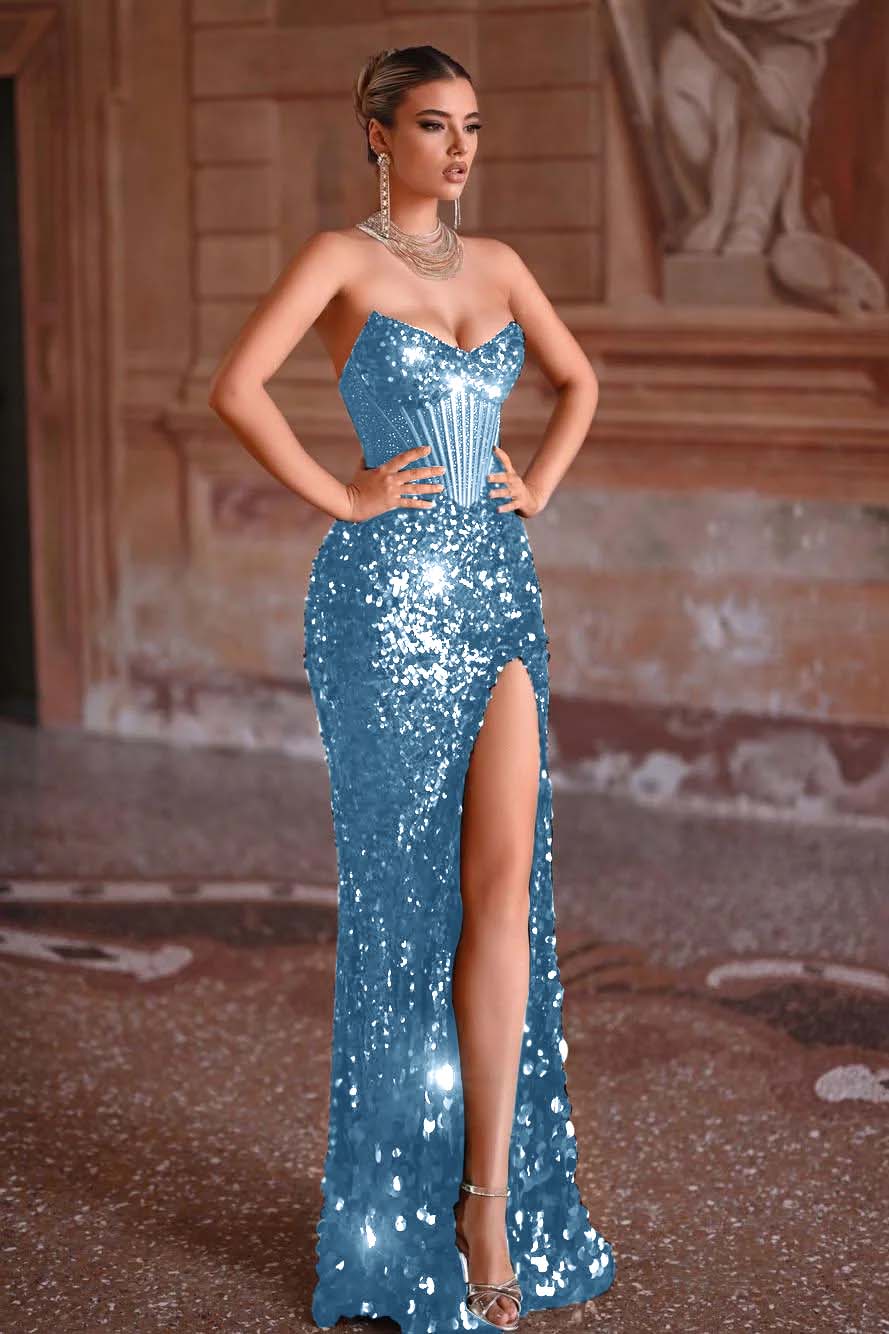 Strapless Mermaid Long Prom Dress with Split and Sequins