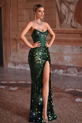Strapless Mermaid Long Prom Dress with Split and Sequins