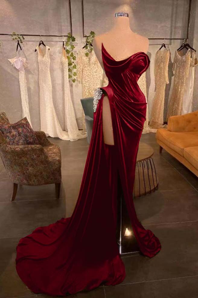 Strapless Long Pleated Prom Dress with Beading and Split