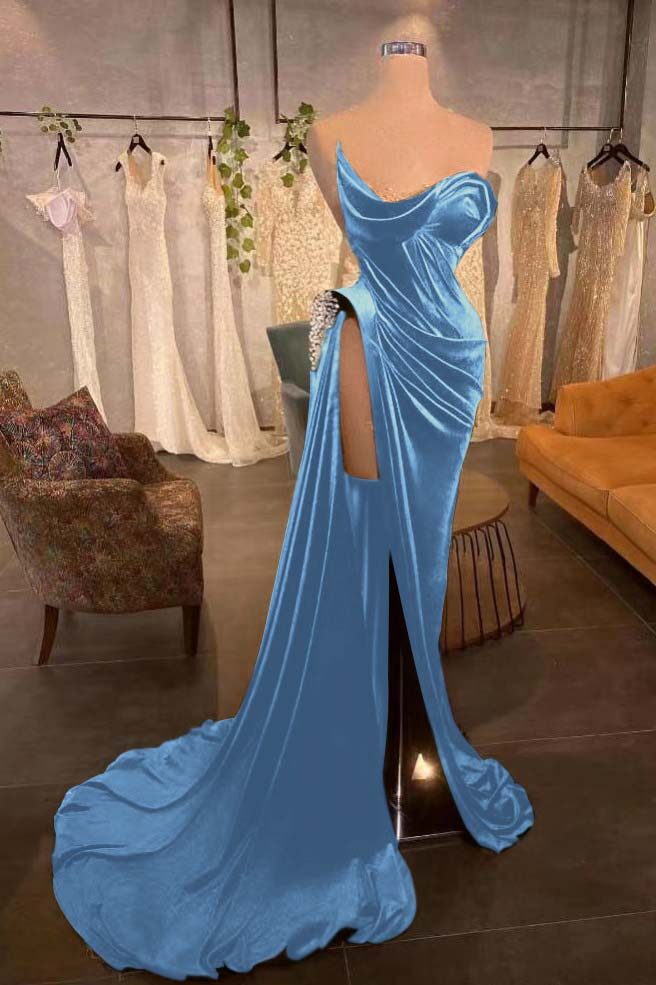 Strapless Long Pleated Prom Dress with Beading and Split