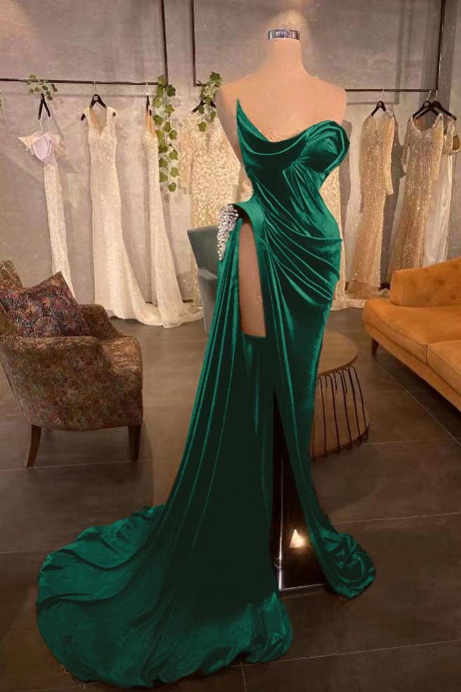 Strapless Long Pleated Prom Dress with Beading and Split