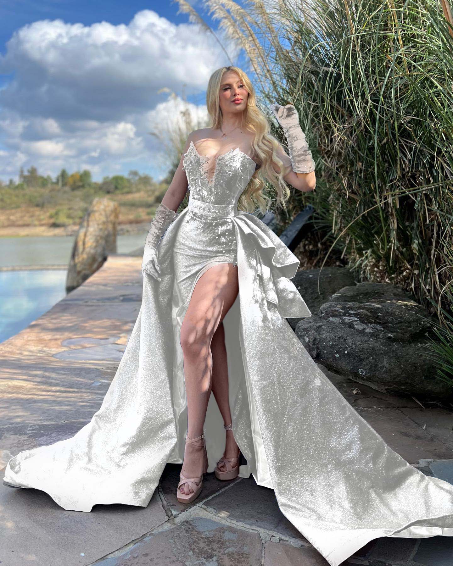 Strapless Long Prom Dress with Beading Split Gloves
