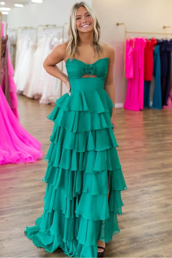 Strapless Long Split Prom Dress with Pleated Ruffles
