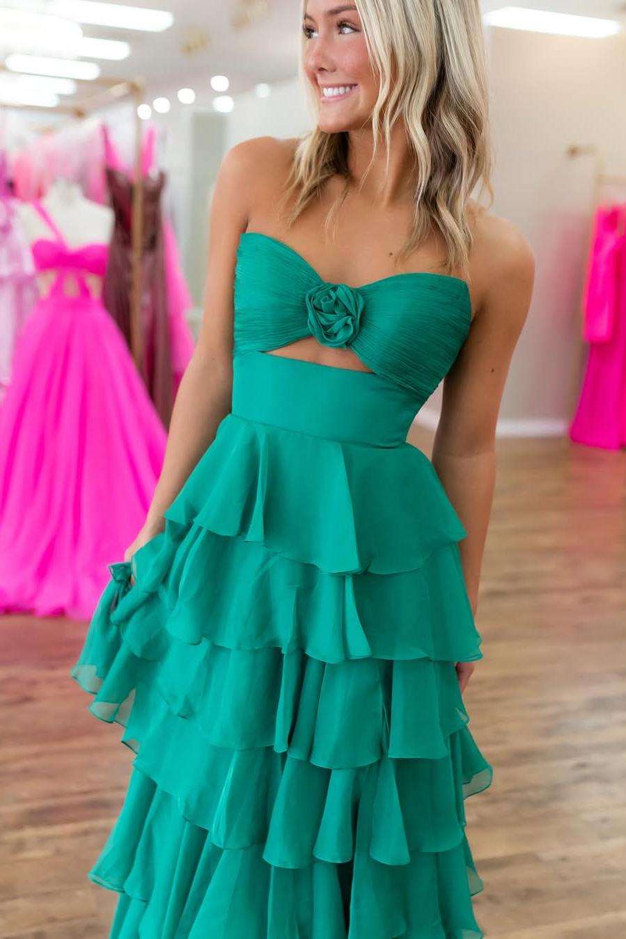 Strapless Long Split Prom Dress with Pleated Ruffles