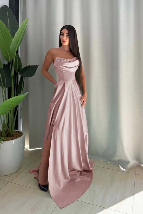 Strapless Long Split Prom Dress with Pleated Sequins